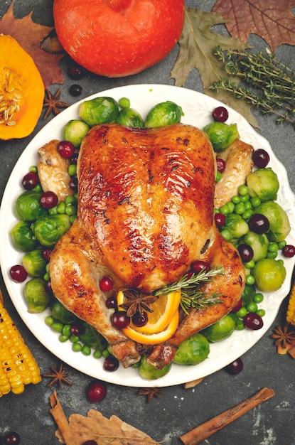 Tacchino o pollo del Ringraziamento per uno sfondo di tavola di cibo per la cena festiva