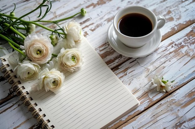 Taccuino aperto in bianco su fondo rustico in legno con una tazza di caffè