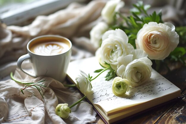 Taccuino aperto in bianco su fondo rustico in legno con una tazza di caffè