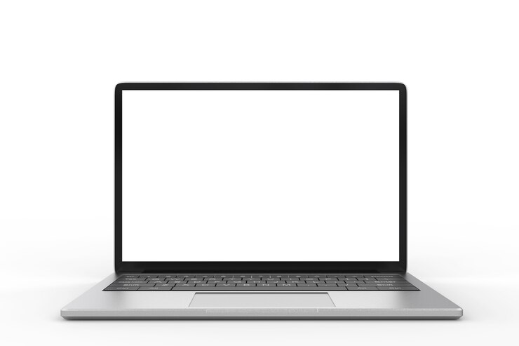 Foto taccuino del computer con schermo vuoto su sfondo bianco
