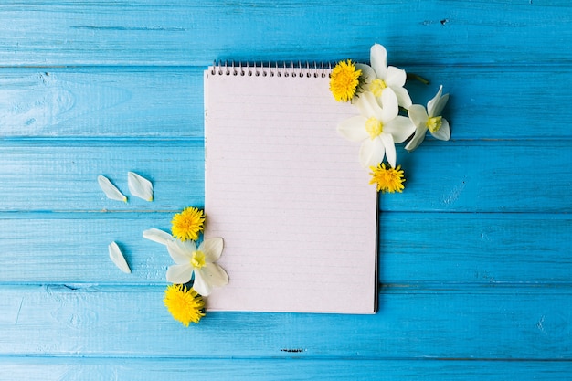 Taccuino in bianco e fiori selvatici su fondo di legno blu. Concetto di fiori di primavera,