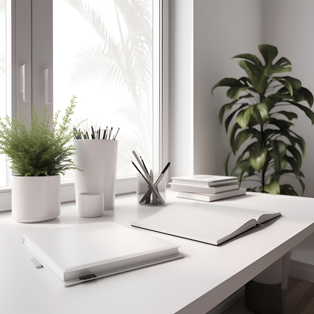 Taccuino su tavolo in legno posto di lavoro di design vicino alla finestra in ufficio elegante spazio di lavoro home office concept Design d'interni scandinavo AI generato