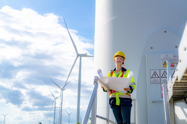 Tachnici nel cantiere di controllo e manutenzione delle turbine eoliche Generatore eolico di elettricità