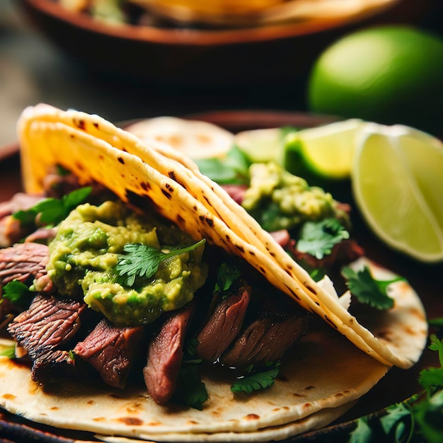 Taco di manzo alla griglia con guacamole e coriandolo