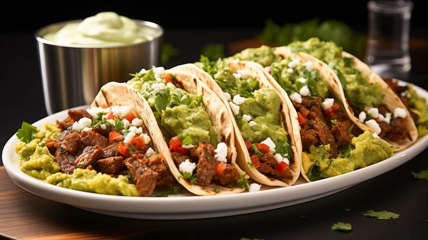 Taco di manzo alla griglia con guacamole fresco e coriandolo su piatto bianco