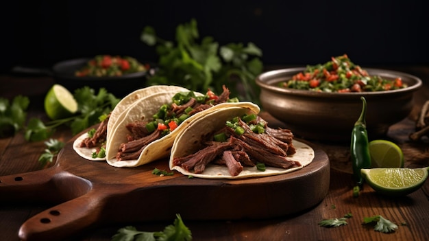 taco di manzo appena cotto su un piatto di legno con guacamole