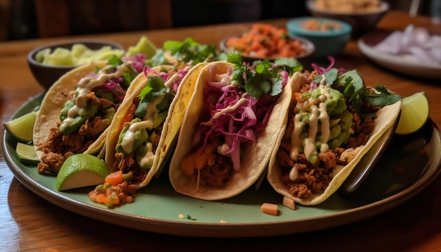 Taco di manzo appena grigliato su focaccia fatta in casa con guacamole generato dall'intelligenza artificiale