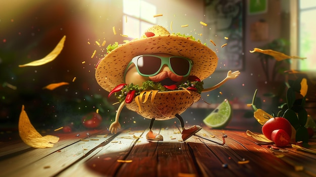 Taco indossa un sombrero e occhiali da sole che danza sul tavolo del ristorante