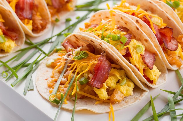 Tacos a colazione con hashbrown, uova strapazzate e pancetta coperta di formaggio e cipolla verde.