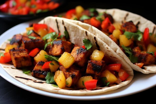 Tacos Adobo Tempeh alla griglia con salsa di ananas vegana