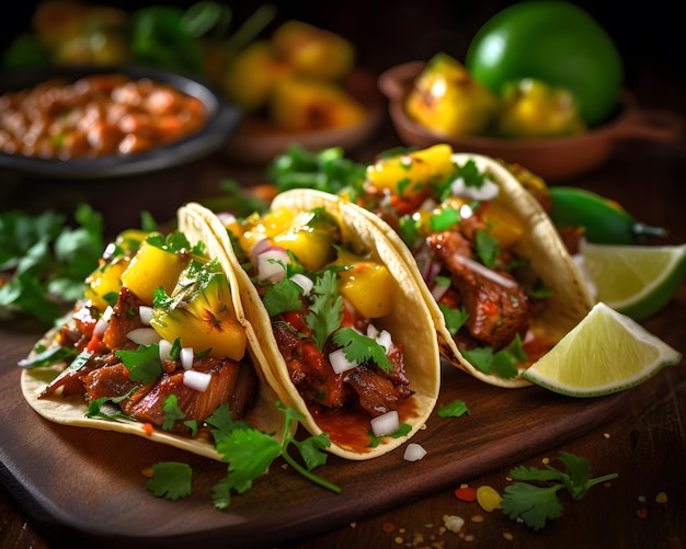 Tacos al pastor con ananas e coriandolo colorato e delizioso Generative AI