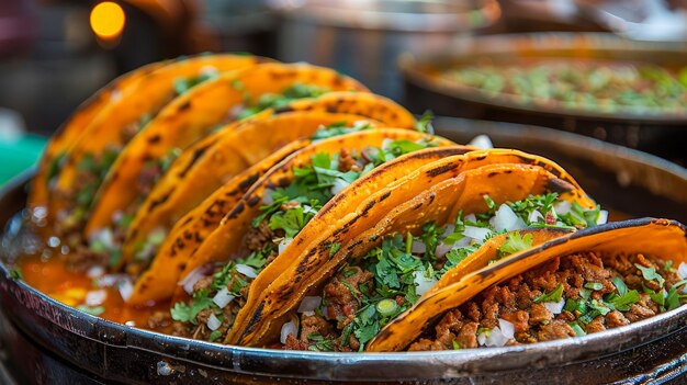 Tacos appena preparati con carne macinata cilantro e cipolle tagliate in tacoholder al Street Food