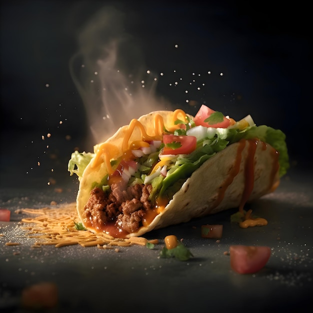 Tacos con carne e verdure su sfondo nero Cibo messicano