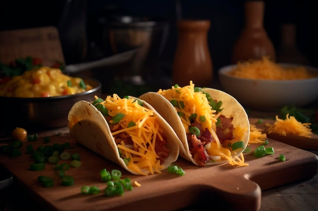 Tacos con hashbrown, uova strapazzate e pancetta condita con formaggio e cipolla verde generata dall'intelligenza artificiale