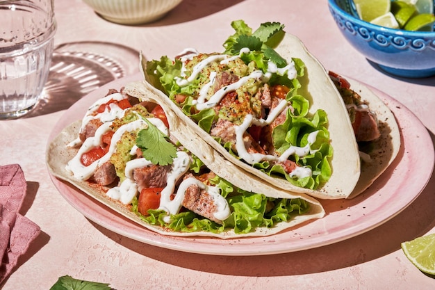 Tacos con pollo alla griglia avocado salsa fresca salsa e lime Pranzo sano a basso contenuto di carboidrati e grassi o cibo per l'azienda Dieta e concetto di perdita di peso