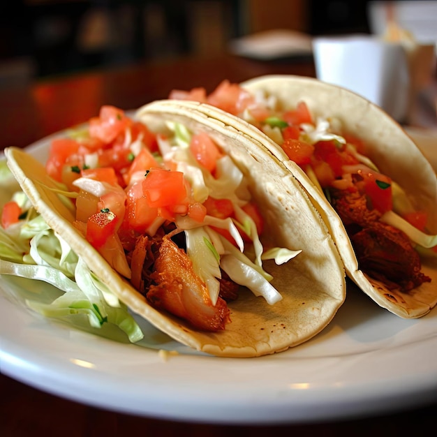 Tacos con pollo e verdure su un piatto in un ristorante