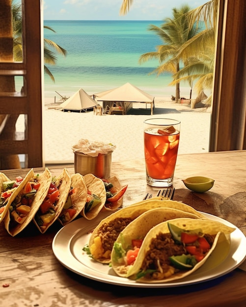 Tacos con un bicchiere di limonata sulla spiaggia