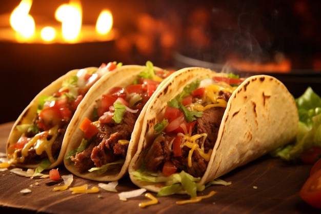 Tacos di cucina messicana su un tavolo di legno 1