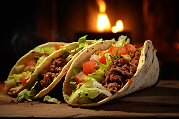 Tacos di cucina messicana su un tavolo di legno