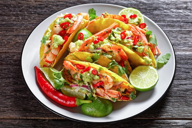 tacos di gamberi con insalata di cavolo fresco, lime, peperoncino e guacamole su un piatto