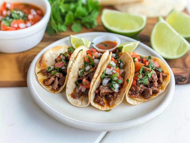 Tacos di manzo con salsa e cilantro su tavolo di legno