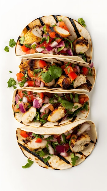 Tacos di pollo alla griglia con verdure fresche e avocado