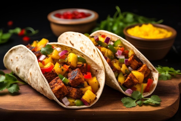 Tacos di tofu giamaicano con insalata di mango e cocco