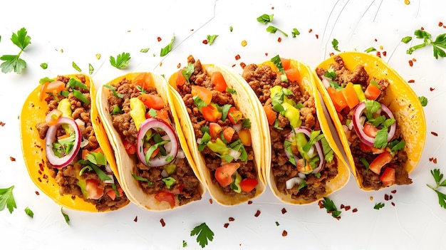 Tacos gustosi e freschi con carne macinata, verdure e erbe