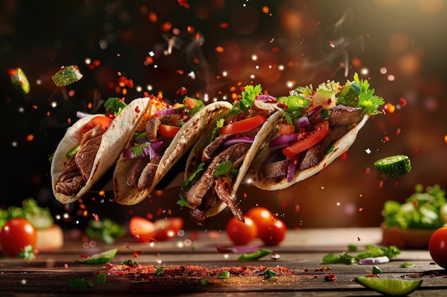 Tacos in caduta con carne, verdure e spezie su uno sfondo di legno scuro