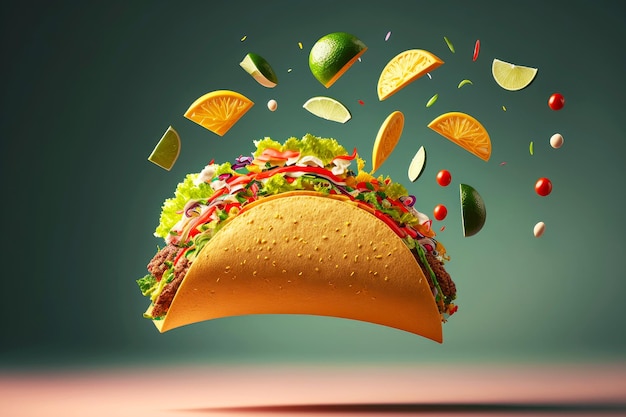 Tacos levitanti in aria con fast food messicano di carne e verdure al lime