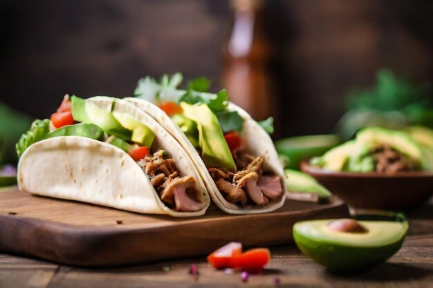 Tacos messicani affumicati di maiale e fagioli con insalata di lattuga e avocado