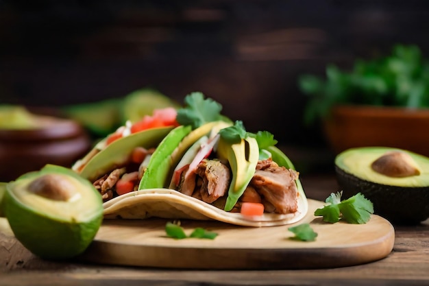 Tacos messicani affumicati di maiale e fagioli con insalata di lattuga e avocado