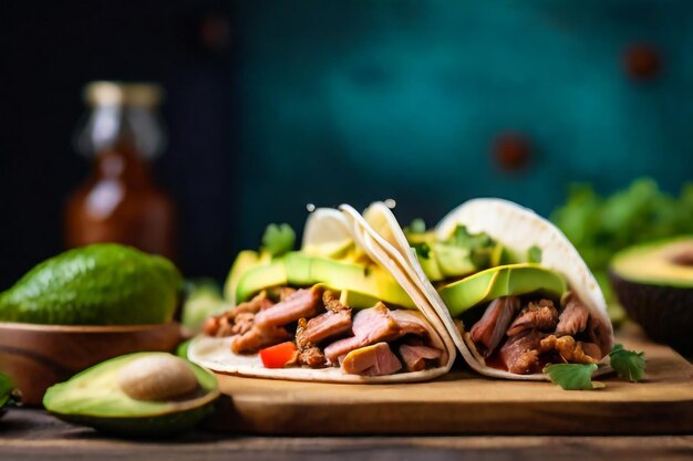 Tacos messicani affumicati di maiale e fagioli con insalata di lattuga e avocado