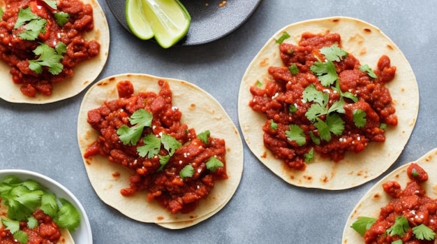 Tacos messicani con carne di manzo in salsa di pomodoro e salsa