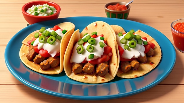 Tacos messicani con carne di manzo in salsa di pomodoro e salsa