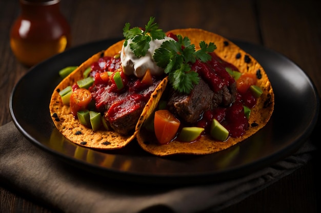 tacos messicani con carne di manzo in salsa di pomodoro e salsa