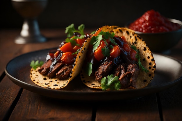 tacos messicani con carne di manzo in salsa di pomodoro e salsa