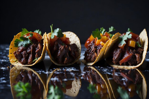 tacos messicani con carne di manzo in salsa di pomodoro e salsa