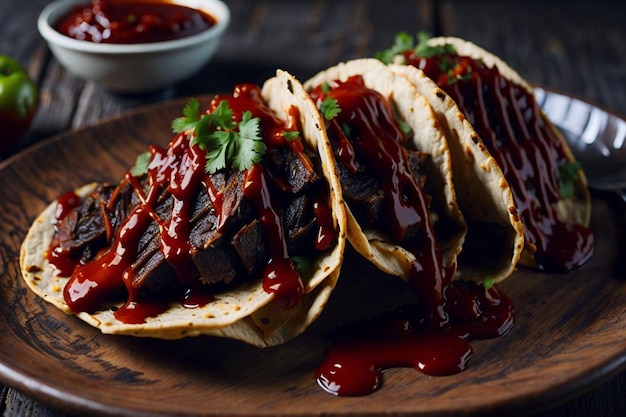 tacos messicani con carne di manzo in salsa di pomodoro e salsa