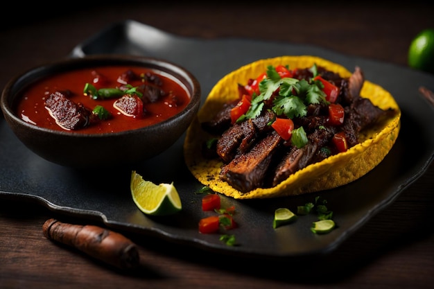 tacos messicani con carne di manzo in salsa di pomodoro e salsa