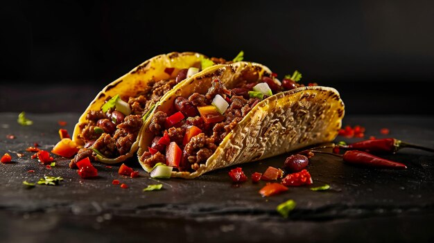 Tacos messicani con carne macinata, fagioli e spezie su un piatto