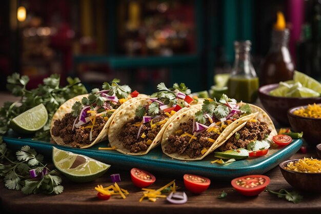 tacos messicani con carne, verdure e formaggio