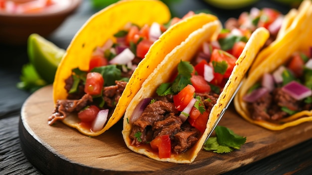 tacos messicani con manzo in salsa di pomodoro e salsa Closeup