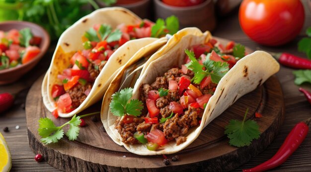 Tacos messicani con manzo in salsa di pomodoro e salsa