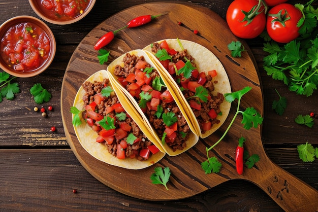 Tacos messicani con manzo in salsa di pomodoro e salsa