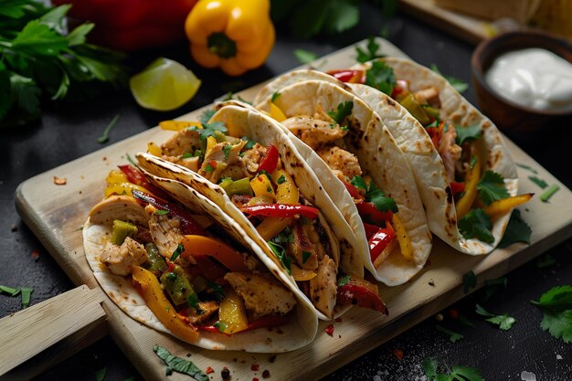 Tacos messicani con peperoncino di pollo e salsa su sfondo nero