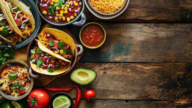 Tacos messicani ricoperti di salsa, carne e verdure su una tavola di legno