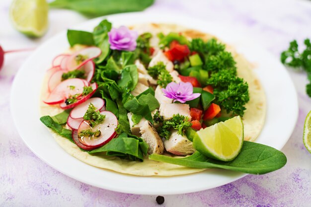 Tacos messicani sani del cereale con petto di pollo bollito, spinaci, ravanello e paprica.