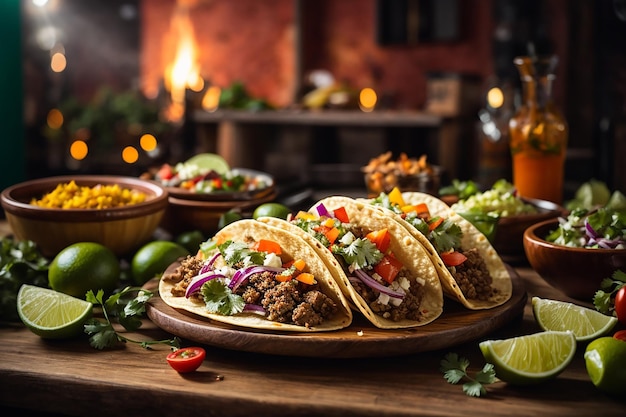 tacos messicani tradizionali con carne e verdure sulla tavola di legno