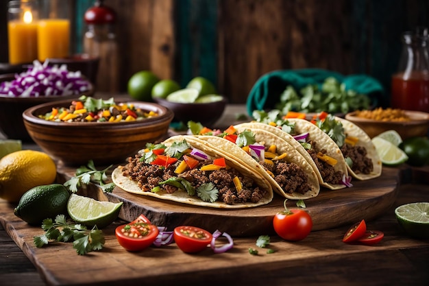 tacos messicani tradizionali con carne e verdure sulla tavola di legno